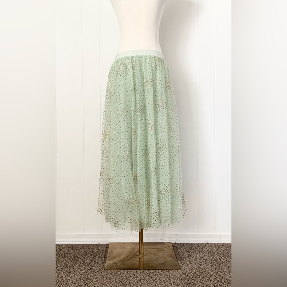 By Anthropologie Sydney Shimmer Tulle Midi Skirt Light Green Gold Glitter Large - Picture 9 of 12